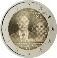 obverse of 2 Euro - Henri I - 15th anniversary of the accession to the throne of H.R.H. the Grand Duke (2015) coin from Luxembourg. Inscription: 2000 Luxembourg 2015 15ͤ anniversaire de l'accession au trône de S.A.R. le Grand-Duc