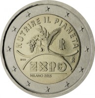 obverse of 2 Euro - EXPO Milano 2015 (2015) coin with KM# 380 from Italy. Inscription: NUTRIRE IL PIANETA IR MGU R EXPO 2015 MILANO 2015