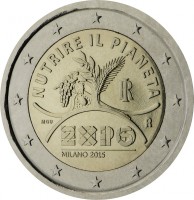 Italy coin 2 Euro - EXPO Milano 2015 (2015) obverse obverse of 2 Euro - EXPO Milano 2015 (2015) coin with KM# 380 from Italy. Inscription: NUTRIRE IL PIANETA IR MGU R EXPO 2015 MILANO 2015