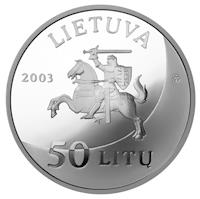 obverse of 50 Litų - XXVIII Olympic Games in Athens (2003) coin with KM# 135 from Lithuania. Inscription: LIETUVA 2003 50 LITŲ