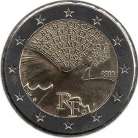 obverse of 2 Euro - Europe building peace and security since 1945 (2015) coin with KM# 2256 from France. Inscription: AT · BE · BG · CY · CZ · DE DK · EE · EL · ES · FI · FR HR · HU · IE · IT · LT LU · LV · MT · NL PL · PT · RO SE · SI · SK UK 2015 RF