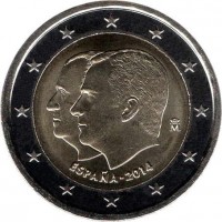 obverse of 2 Euro - Felipe VI - Change of the Head of State (2014) coin with KM# 1326 from Spain. Inscription: ESPAÑA - 2014