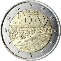 France coin 2 Euro - 70th anniversary of the Normandy landings of 6 June 1944 (2014) obverse obverse of 2 Euro - 70th anniversary of the Normandy landings of 6 June 1944 (2014) coin with KM# 2174 from France. Inscription: 1944-2014 D-Day RF 70e ANNIVERSAIRE DU DÉBARQUEMENT Les sanglots longs des violons de l’automne Blessent mon coeur d’une langu