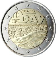 obverse of 2 Euro - 70th anniversary of the Normandy landings of 6 June 1944 (2014) coin with KM# 2174 from France. Inscription: 1944-2014 D-Day RF 70e ANNIVERSAIRE DU DÉBARQUEMENT Les sanglots longs des violons de l’automne Blessent mon coeur d’une langu