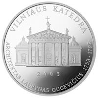 Lithuania coin 50 Litų - Historical and Architectural Monuments of Lithuania - Vilnius Cathedral (2003) reverse reverse of 50 Litų - Historical and Architectural Monuments of Lithuania - Vilnius Cathedral (2003) coin with KM# 134 from Lithuania. Inscription: VILNIAUS KATEDRA 2003 ARCHITEKTAS LAURYNAS GUCEVIČIUS