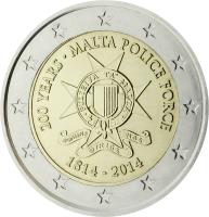 obverse of 2 Euro - 200 years of Malta Police Force (2014) coin with KM# 151 from Malta. Inscription: 200 YEARS . MALTA POLICE FORCE 1814 - 2014