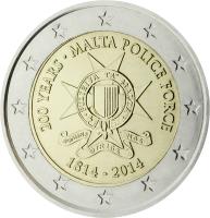 Malta coin 2 Euro - 200 years of Malta Police Force (2014) obverse obverse of 2 Euro - 200 years of Malta Police Force (2014) coin with KM# 151 from Malta. Inscription: 200 YEARS . MALTA POLICE FORCE 1814 - 2014