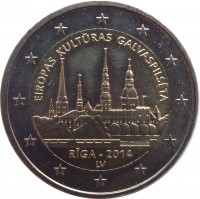Latvia coin 2 Euro - Riga — European Capital of Culture 2014 (2014) obverse obverse of 2 Euro - Riga — European Capital of Culture 2014 (2014) coin with KM# 158 from Latvia. Inscription: EIROPAS KULTURAS GALVASPILSETA RIGA - 2014 LV