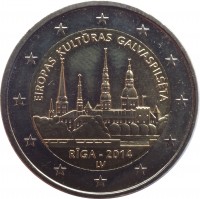 obverse of 2 Euro - Riga — European Capital of Culture 2014 (2014) coin with KM# 158 from Latvia. Inscription: EIROPAS KULTURAS GALVASPILSETA RIGA - 2014 LV