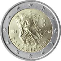 Italy coin 2 Euro - 200th Anniversary of the foundation of Arma dei Carabinieri (2014) obverse obverse of 2 Euro - 200th Anniversary of the foundation of Arma dei Carabinieri (2014) coin with KM# 367 from Italy. Inscription: R IR 1814 2014 CARABINIERI