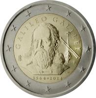 obverse of 2 Euro - 450th Anniversary of the birth of Galileo Galilei (born in 1564) (2014) coin with KM# 377 from Italy. Inscription: GALILEO GALILEI IR R C.M. 1564 · 2014