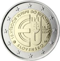 obverse of 2 Euro - 10th anniversary of the accession of the Slovak Republic to the European Union (2014) coin with KM# 134 from Slovakia. Inscription: 10. VÝROČIE VSTUPU DO EURÓPSKEJ ÚNIE 1.5. 2004 2014 MP SLOVENSKO