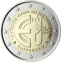 Slovakia coin 2 Euro - 10th anniversary of the accession of the Slovak Republic to the European Union (2014) obverse obverse of 2 Euro - 10th anniversary of the accession of the Slovak Republic to the European Union (2014) coin with KM# 134 from Slovakia. Inscription: 10. VÝROČIE VSTUPU DO EURÓPSKEJ ÚNIE 1.5. 2004 2014 MP SLOVENSKO