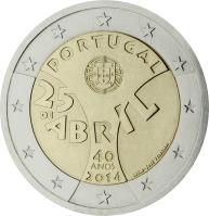 obverse of 2 Euro - 40th Anniversary of the 25th April Revolution (2014) coin with KM# 844 from Portugal. Inscription: PORTUGAL 25 DE ABRIL 40 ANOS 2014 INCM – JOSÉ TEIXEIRA