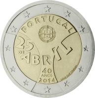 Portugal coin 2 Euro - 40th Anniversary of the 25th April Revolution (2014) obverse obverse of 2 Euro - 40th Anniversary of the 25th April Revolution (2014) coin with KM# 844 from Portugal. Inscription: PORTUGAL 25 DE ABRIL 40 ANOS 2014 INCM – JOSÉ TEIXEIRA