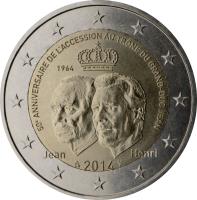 Luxembourg coin 2 Euro - Henri I - 50th anniversary of the accession to the throne of the Grand-Duke Jean (2014) obverse obverse of 2 Euro - Henri I - 50th anniversary of the accession to the throne of the Grand-Duke Jean (2014) coin from Luxembourg. Inscription: 50e ANNIVERSAIRE DE L’ACCESSION AU TRÔNE DU GRAND-DUC JEAN JEAN 2014 HENRI