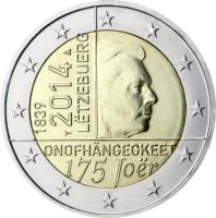 obverse of 2 Euro - Henri I - 175th anniversary of the independence of the Grand-Duchy of Luxembourg (2014) coin with KM# 129 from Luxembourg.