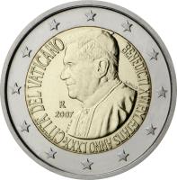 Vatican City coin 2 Euro - Benedict XVI - 80th birthday of His Holiness Pope Benedict XVI (2007) obverse obverse of 2 Euro - Benedict XVI - 80th birthday of His Holiness Pope Benedict XVI (2007) coin with KM# 399 from Vatican City.