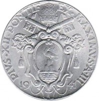 obverse of 2 Lire - Pius XII (1940 - 1941) coin with KM# 27a from Vatican City. Inscription: PIVS · XII · PONTIF EX · MAXIMVS · A · III 19 41