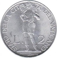 reverse of 2 Lire - Pius XII (1940 - 1941) coin with KM# 27a from Vatican City. Inscription: STATO DELLA CIT TA' DEL VATICANO L. 2