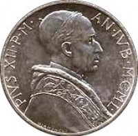 obverse of 2 Lire - Pius XII - Holy year (1950) coin with KM# 45 from Vatican City. Inscription: PIVS · XII · P · M · AN · IVB · MCML ·