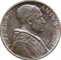 Vatican City coin 2 Lire - Pius XII - Holy year (1950) obverse obverse of 2 Lire - Pius XII - Holy year (1950) coin with KM# 45 from Vatican City. Inscription: PIVS · XII · P · M · AN · IVB · MCML ·