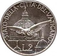 reverse of 2 Lire - Pius XII - Holy year (1950) coin with KM# 45 from Vatican City. Inscription: STATO · DELLA · CITTA · DEL · VVATICANO L.2