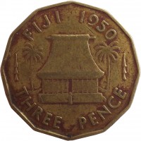 Fiji coin 3 Pence - George VI (1950 - 1952) reverse reverse of 3 Pence - George VI (1950 - 1952) coin with KM# 18 from Fiji. Inscription: FIJI 1950 THREE PENCE