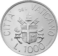 Vatican City coin 1000 Lire - John Paul II - Prayer (1983) reverse reverse of 1000 Lire - John Paul II - Prayer (1983) coin with KM# 176 from Vatican City. Inscription: IOANNES PAVLVS II P.M. A.V MCMLXXXIII