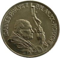 obverse of 100 Lire - John Paul II (1998) coin with KM# 296 from Vatican City. Inscription: IOANNES PAVLVS II P.M. AN.XX MCMXCVIII