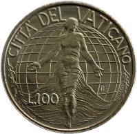 Vatican City coin 100 Lire - John Paul II (1998) reverse reverse of 100 Lire - John Paul II (1998) coin with KM# 296 from Vatican City. Inscription: CITTA' DEL VATICANO L.100 R