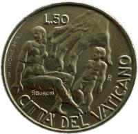 reverse of 50 Lire - John Paul II (1998) coin with KM# 295 from Vatican City. Inscription: CITTA' DEL VATICANO L.50 R