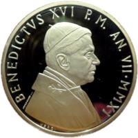Vatican City coin 10 Euro - Benedict XVI - 60th Anniversary of the Priestly Ordination of Benedict XVI (2011) obverse obverse of 10 Euro - Benedict XVI - 60th Anniversary of the Priestly Ordination of Benedict XVI (2011) coin with KM# 428 from Vatican City. Inscription: BENEDICTVS XVI P.M. AN · VII-MMXI VEROI
