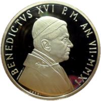 obverse of 10 Euro - Benedict XVI - 60th Anniversary of the Priestly Ordination of Benedict XVI (2011) coin with KM# 428 from Vatican City. Inscription: BENEDICTVS XVI P.M. AN · VII-MMXI VEROI