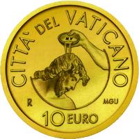 reverse of 10 Euro - Francis - Pontificate of Pope Francis (2014) coin from Vatican City. Inscription: CITTA' DEL VATICANO R MGU 10 EURO