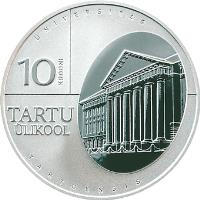 reverse of 10 Krooni - 370th establishement and 200th re-open anniversary of the University of Tartu (2002) coin with KM# 38 from Estonia. Inscription: UNIVERSITAS 10 KROONI TARTU ULIKOOL TARTUENSIS