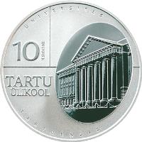 Estonia coin 10 Krooni - 370th establishement and 200th re-open anniversary of the University of Tartu (2002) reverse reverse of 10 Krooni - 370th establishement and 200th re-open anniversary of the University of Tartu (2002) coin with KM# 38 from Estonia. Inscription: UNIVERSITAS 10 KROONI TARTU ULIKOOL TARTUENSIS