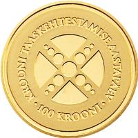reverse of 100 Krooni - 10th anniversary of the re-establishment of the Estonian kroon (2002) coin with KM# 39 from Estonia. Inscription: KROONI TAASKEHTESTAMISE AASTARAEV 100 KROONI