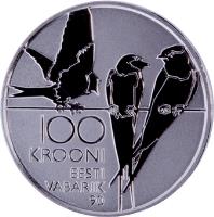reverse of 100 Krooni - 90th anniversary of the Republic of Estonia (2008) coin with KM# 47 from Estonia. Inscription: 100 KROONI EESTI VABARIIK 90