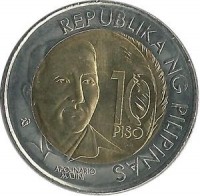 Philippines coin 10 Piso - 150th Year of Apolinario Mabini (2014) obverse obverse of 10 Piso - 150th Year of Apolinario Mabini (2014) coin with KM# 288 from Philippines. Inscription: REPUBLIKA NG PILIPINAS 10 PISO APOLINARIO MABINI