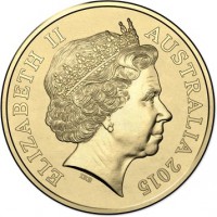 obverse of 1 Dollar - Elizabeth II - Centennial anniversary of Australia’s national commitment to protect its coastlines (2015) coin from Australia. Inscription: ELIZABETH II AUSTRALIA 2015