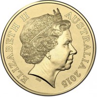 Australia coin 1 Dollar - Elizabeth II - Centennial anniversary of Australia’s national commitment to protect its coastlines (2015) obverse obverse of 1 Dollar - Elizabeth II - Centennial anniversary of Australia’s national commitment to protect its coastlines (2015) coin from Australia. Inscription: ELIZABETH II AUSTRALIA 2015