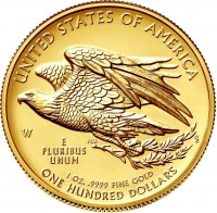 United States coin 100 Dollars - American Gold Eagle - Bullion (2015) reverse reverse of 100 Dollars - American Gold Eagle - Bullion (2015) coin with KM# 617 from United States. Inscription: UNITED STATES OF AMERICA W E PLURIBUS UNUM 1 OZ. .9999 FINE GOLD ONE HUNDRED DOLLARS
