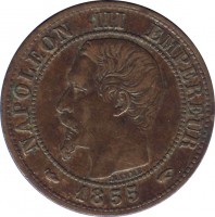 obverse of 1 Centime - Napoleon III (1853 - 1857) coin with KM# 775 from France. Inscription: NAPOLEON III EMPEREUR 1855