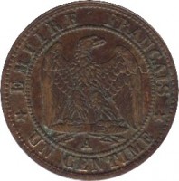 France coin 1 Centime - Napoleon III (1853 - 1857) reverse reverse of 1 Centime - Napoleon III (1853 - 1857) coin with KM# 775 from France. Inscription: EMPIRE FRANCAIS A * UN CENTIME *