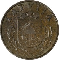 obverse of 1 Santims (1937 - 1939) coin with KM# 10 from Latvia. Inscription: LATVIA