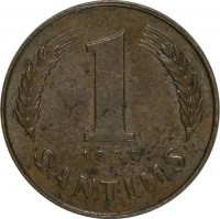 reverse of 1 Santims (1937 - 1939) coin with KM# 10 from Latvia. Inscription: 1 1939 SANTIMS