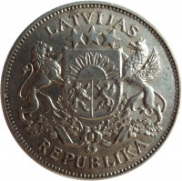 obverse of 2 Lati (1925 - 1926) coin with KM# 8 from Latvia. Inscription: LATVIJAS REPUBLIKA