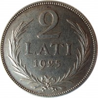 Latvia coin 2 Lati (1925 - 1926) reverse reverse of 2 Lati (1925 - 1926) coin with KM# 8 from Latvia. Inscription: 2 LATI 1925