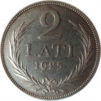 reverse of 2 Lati (1925 - 1926) coin with KM# 8 from Latvia. Inscription: 2 LATI 1925